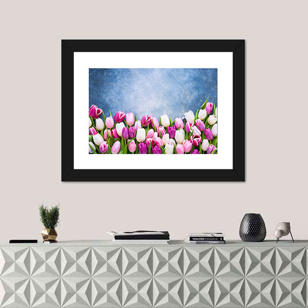 Border Of Pink And White Tulips Canvas Wall Art