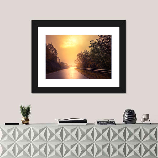 Windy Road Among The Forest At Sunset Canvas Wall Art