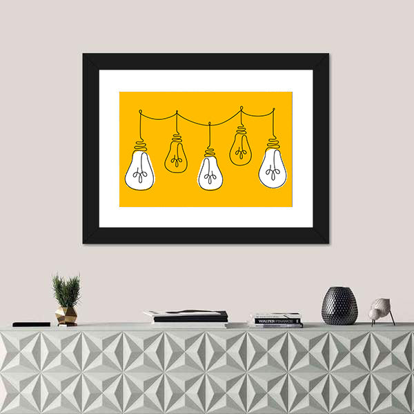 Five Light Bulbs Line on Yellow Canvas Wall Art