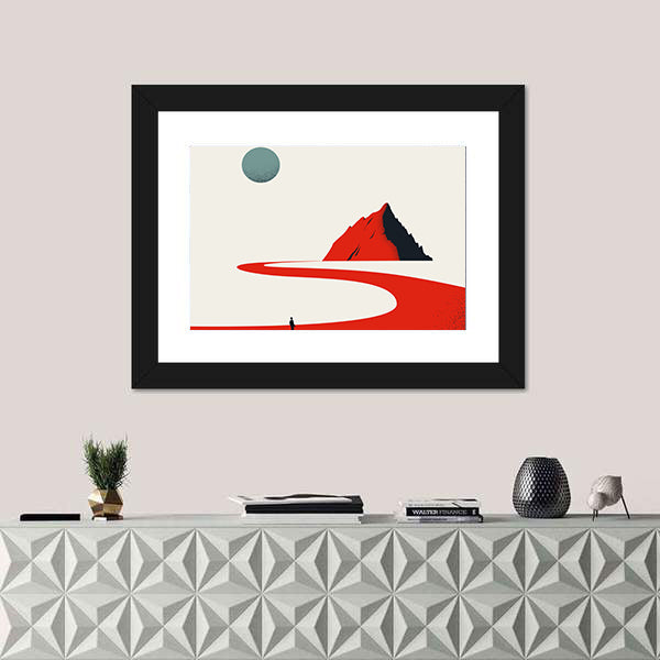 Solitary Figure on Red Path to Geometric Mountain Canvas Wall Art