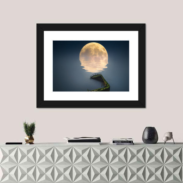 Full Moon Over Broken Ship In Sea Canvas Wall Art
