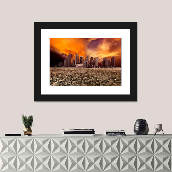 Apocalyptic City Skyline Over Cracked Earth Canvas Wall Art
