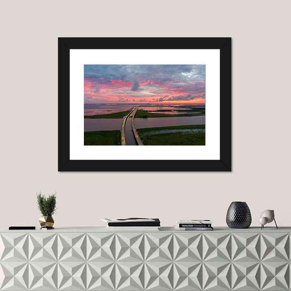 Sunset Over Coastal Bridge Canvas Wall Art