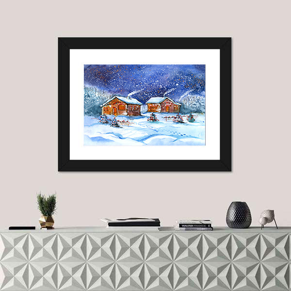 Two Winter Cottages Under Starry Night Canvas Wall Art