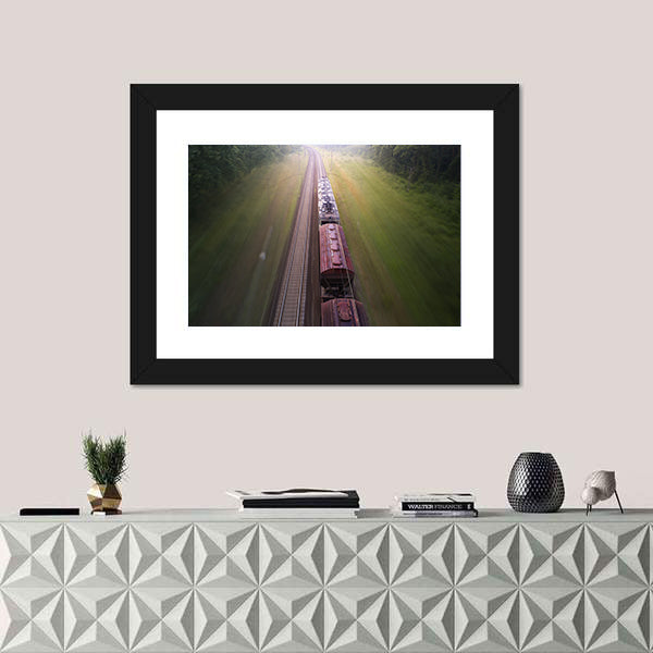 Freight Train Travels Through Foggy Forest Canvas Wall Art