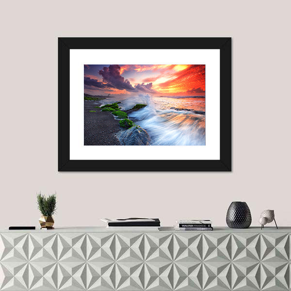 Burning Sky Over Black Sand Beach Canvas Wall Art