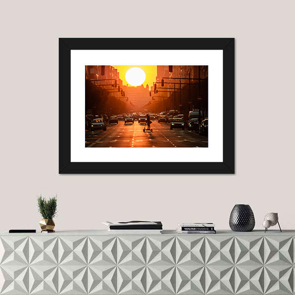 Sunset City Street with Scooter Canvas Wall Art