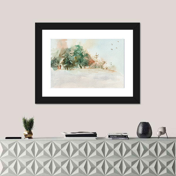 Misty Morning Landscape with Trees Canvas Wall Art