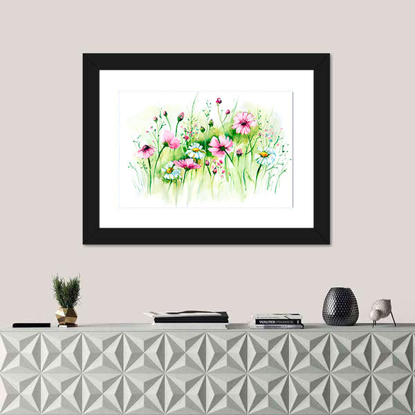 Pink Cosmos and White Daisies Meadow Canvas Wall Art
