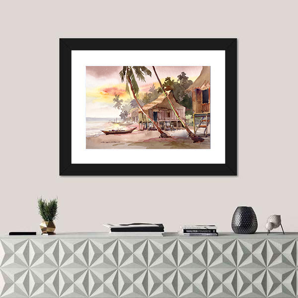 Watercolor Stilt Houses at Sunset Canvas Wall Art