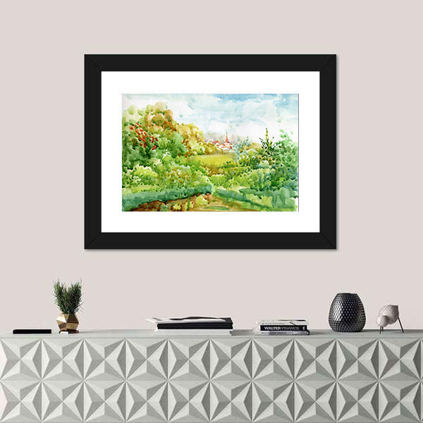 Village Watercolor Landscape with Red-roofed Church Canvas Wall Art