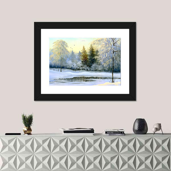 Snow-covered Forest and Frozen River Canvas Wall Art