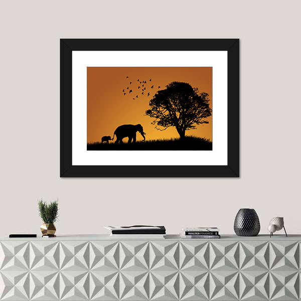 African Elephants In The Sunset Canvas Wall Art