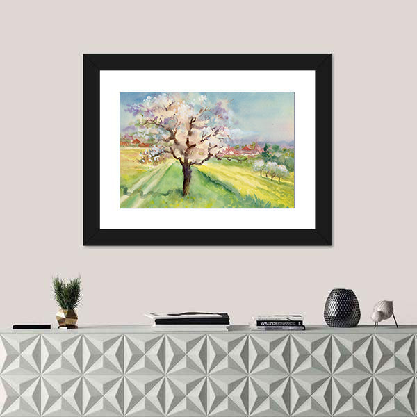 Village Life Watercolor Landscape Canvas Wall Art