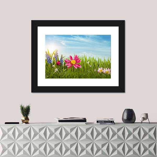 Spring Flowers Under Blue Sky Canvas Wall Art