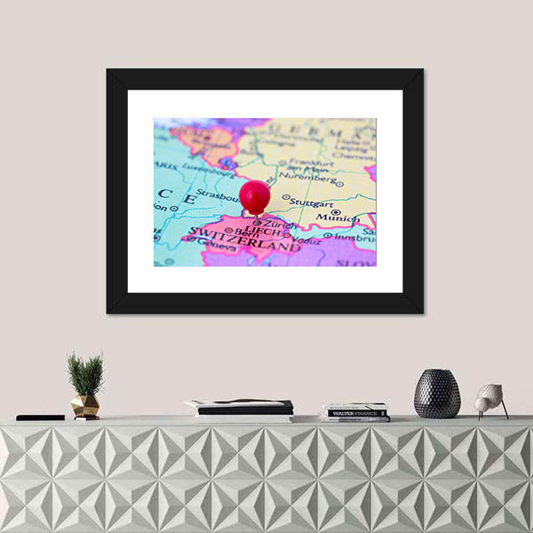 Red Pushpin on Map of Switzerland Canvas Wall Art