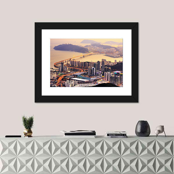 Coastal City Skyline at Golden Dusk Canvas Wall Art