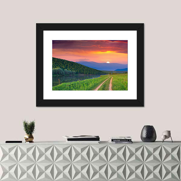 Sunset Meadow with River and Dirt Road Canvas Wall Art