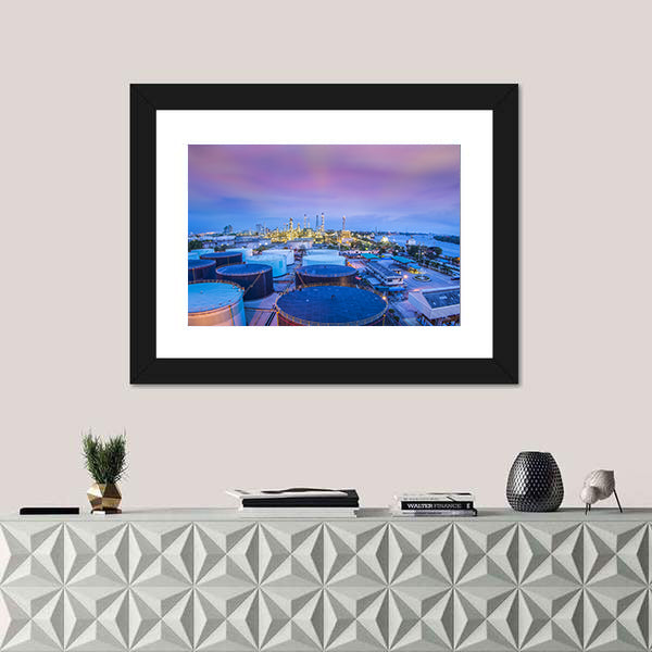 Twilight Oil Refinery with Storage Tanks Canvas Wall Art