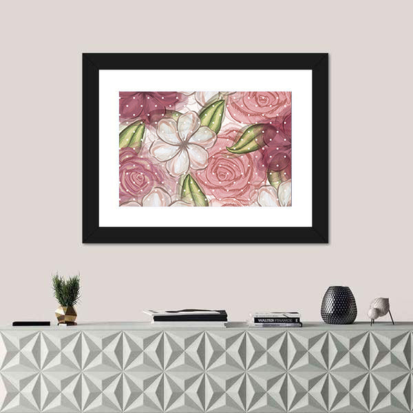 Pink Roses and White Blossoms Pattern Canvas Wall Art