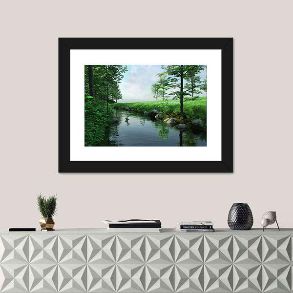 Green Meadow by a Winding Stream Canvas Wall Art