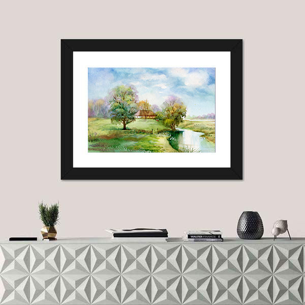 Thatched Cottage Beside Winding River Canvas Wall Art