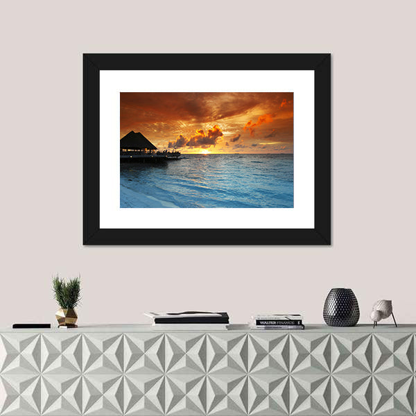 Maldives Thatched Hut on Pier at Sunset Canvas Wall Art