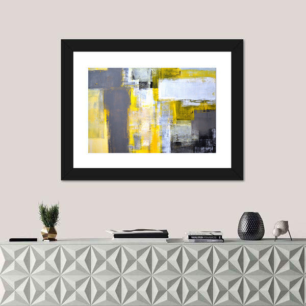 Layered Geometric Abstract with Yellow Bars Canvas Wall Art