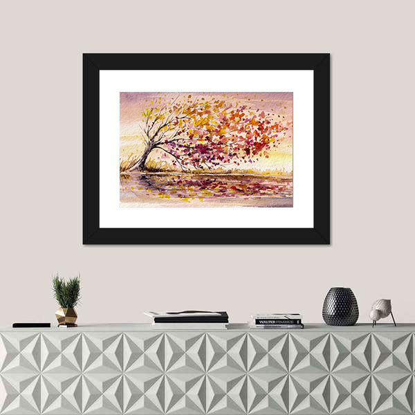 Wind-swept Autumn Tree by the Lake Canvas Wall Art