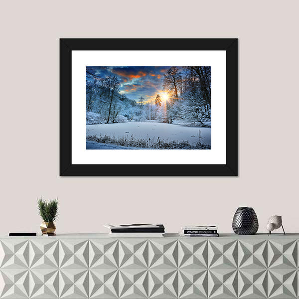 Spectacular Sunset Over Winter Forest Lake Canvas Wall Art