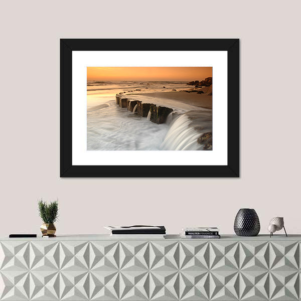 Waterfall By The Sea At Sunset Canvas Wall Art