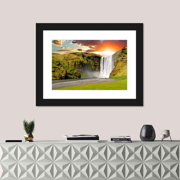 Skogafoss Waterfall At Sunset In Iceland Canvas Wall Art