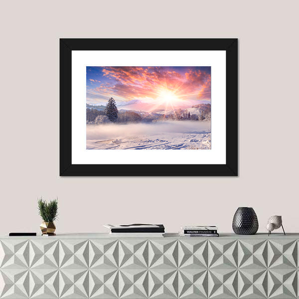 Winter Sunrise In Mountain Village Canvas Wall Art