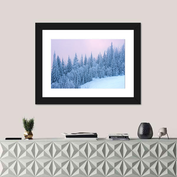 Winter Forest At The Sunset With Fog Canvas Wall Art