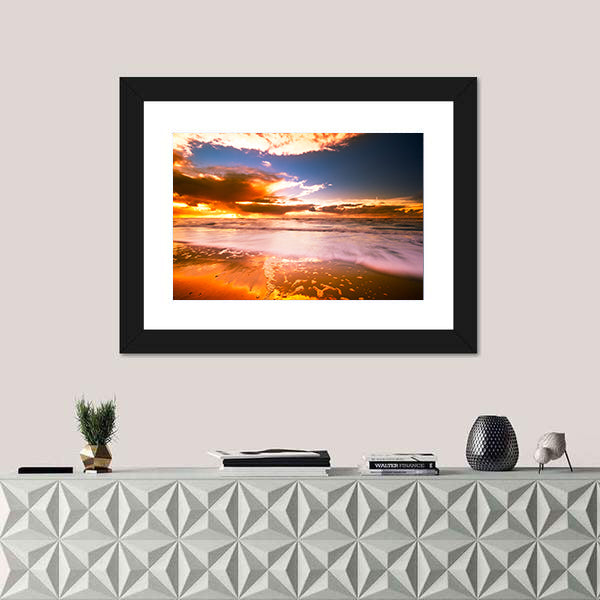 Sunset And Waves On The Beach Canvas Wall Art