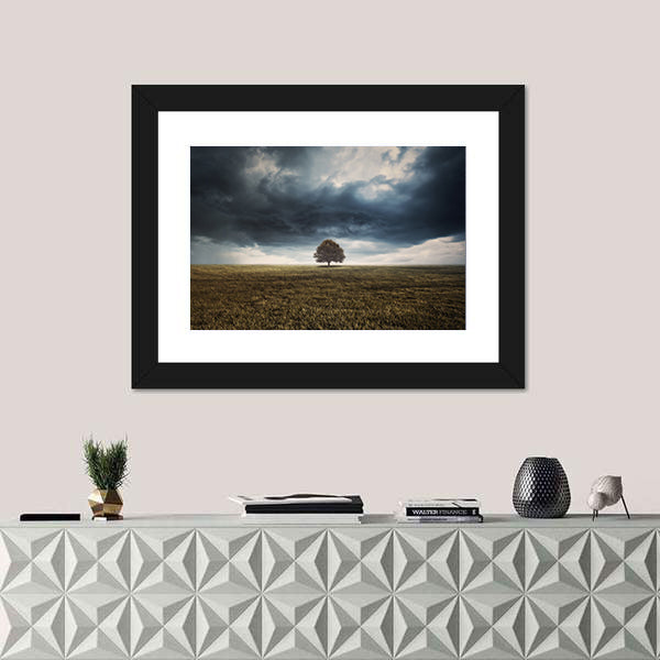 Tree In Field Under Storm Clouds Canvas Wall Art