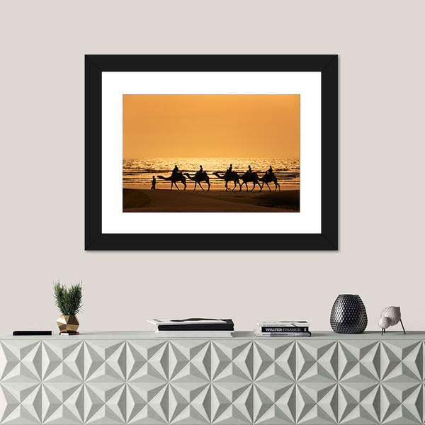 Silhouette Of Dromedary And Tourists At Sunset Morocco Canvas Wall Art