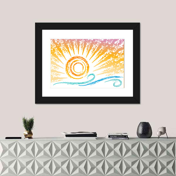 Stylized Sun and Ocean Waves Canvas Wall Art