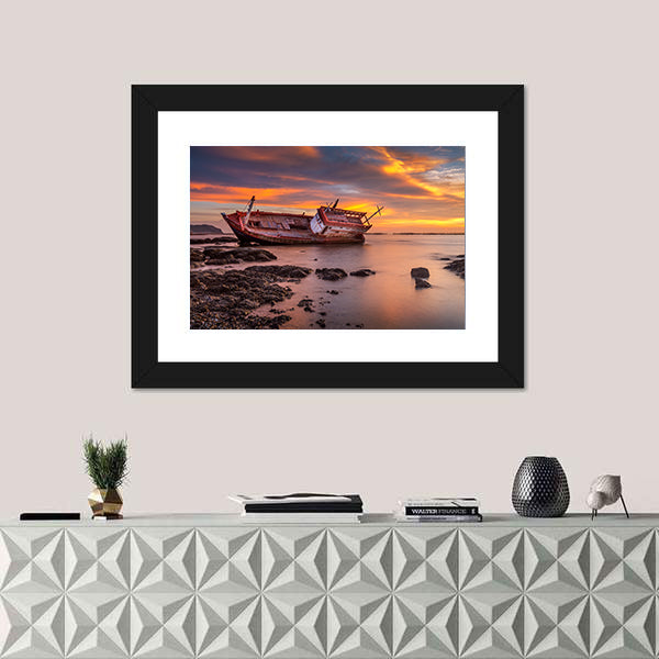 Fishing Boat Moored On Beach At Sunset Canvas Wall Art