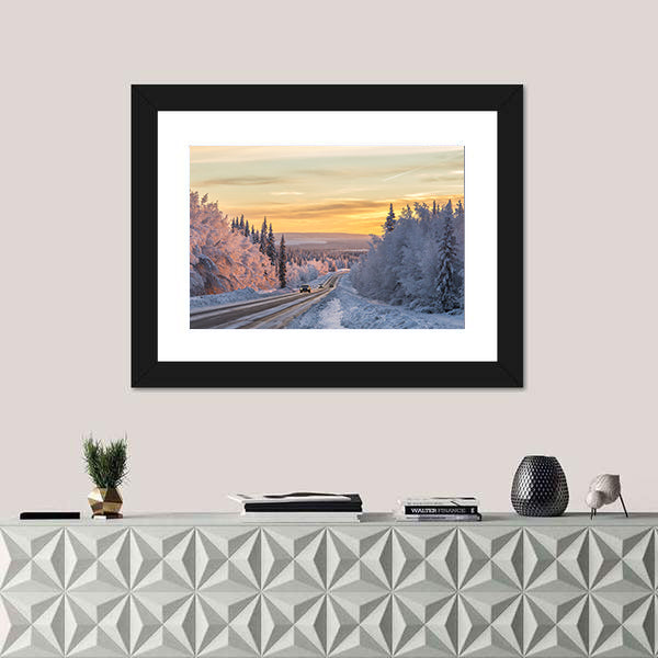 Winter Road In Northern Sweden Canvas Wall Art