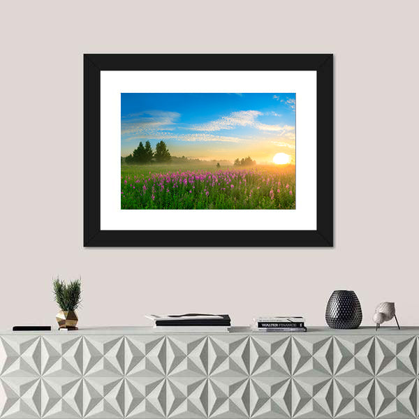 Sunrise Over Blossoming Meadow Canvas Wall Art
