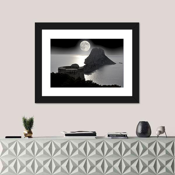Moonlit Watchtower on Rocky Island Canvas Wall Art