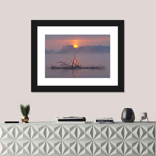 Misty Lake Sunrise Canvas Wall Art