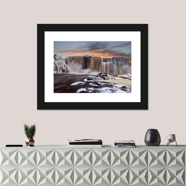 Winter Falls In Finnish Dam Canvas Wall Art