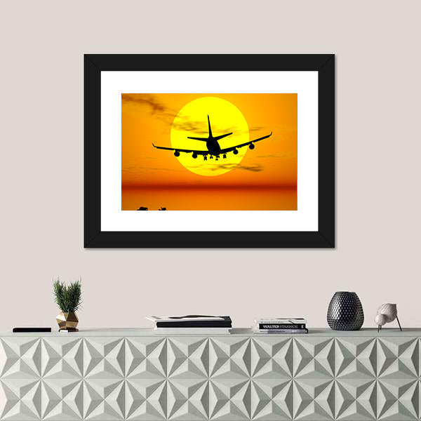 Airplane Silhouette Over Tropical Sunset Canvas Wall Art