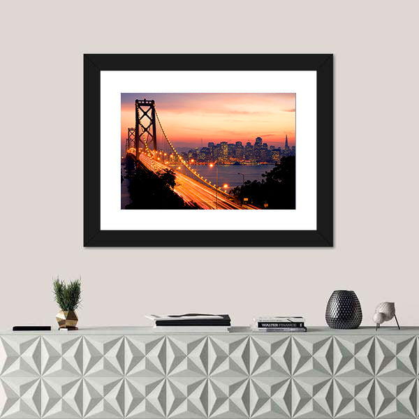 San Francisco And Bay Bridge At Sunset Canvas Wall Art