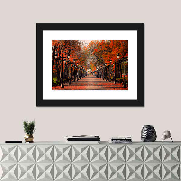 Red Autumn Park Pathway Canvas Wall Art