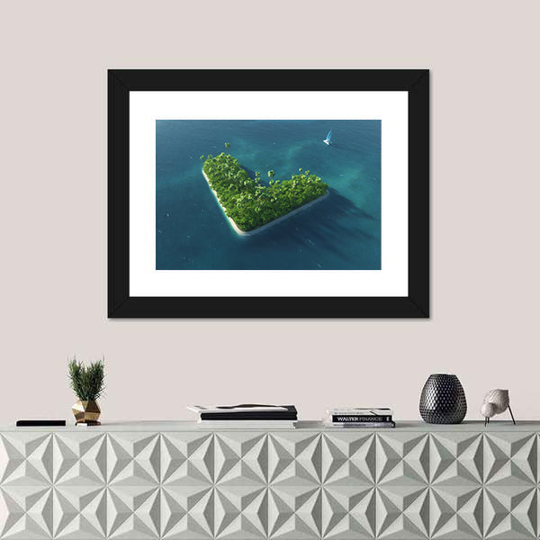 Heart-shaped Tropical Island with Sailboat Canvas Wall Art