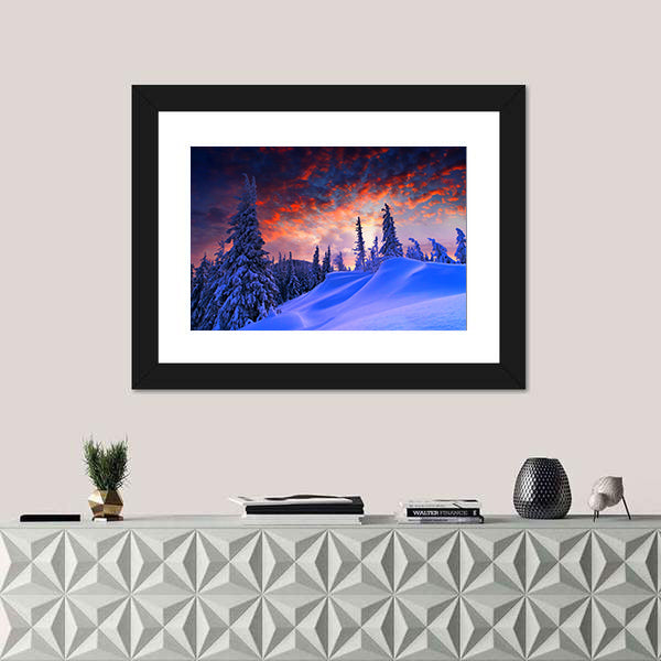Snowy Winter Landscape At Sunset Canvas Wall Art