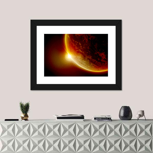 Red Planet Earth In Outer Space With Sun Canvas Wall Art